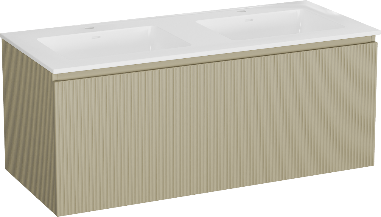 Storke Ribs meuble salle de bains suspendu 120 x 52 cm soie grise avec Bilia double vasque en marbre composite blanc brillant, Nervure droite symétrique verticale
