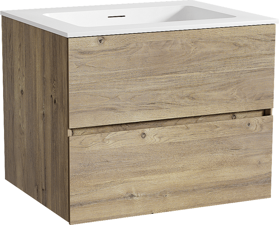 Storke Edge zwevend badkamermeubel 65 x 52 cm ruwe eik met Mata enkele wastafel in solid surface mat wit