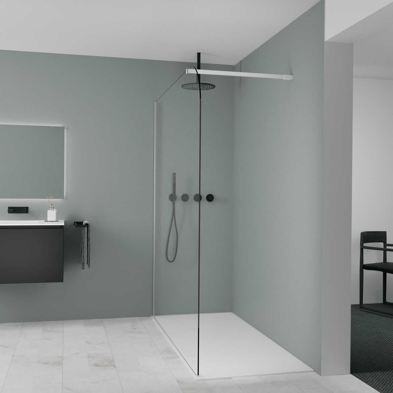 Balmani Modular douche à l'italienne: 180 x 200 cm, Verre transparent arrondi, avec coating, Profil Blanc mat