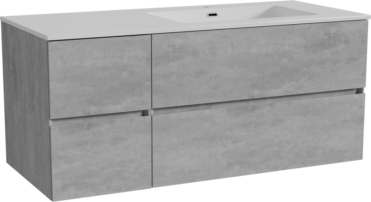 Storke Edge zwevend badkamermeubel 120 x 52 cm beton donkergrijs met Diva asymmetrisch rechtse wastafel in composietmarmer glanzend wit