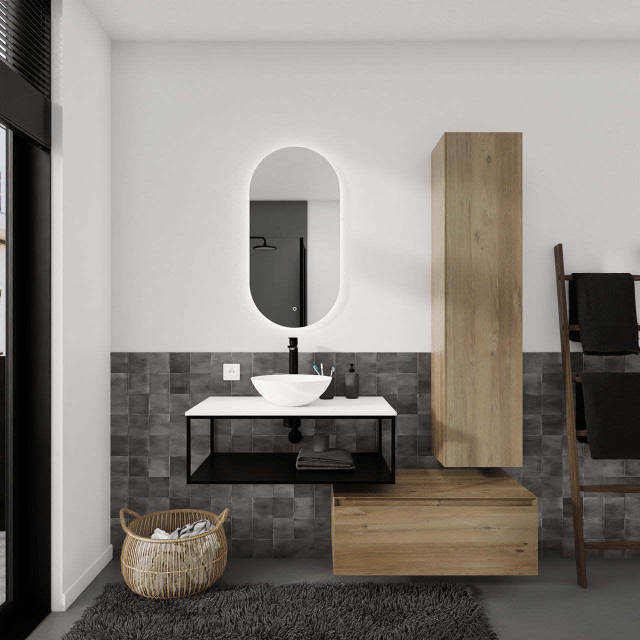 Storke Edge Modulo hängender Waschbeckenunterschrank: 85 x 48 cm, Eiche rustikal, 1 Schublade