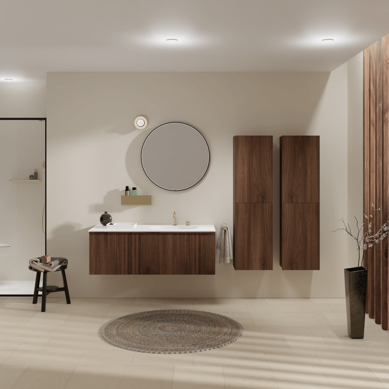 Balmani Forma zwevend badmeubel 150 x 55 cm amerikaans notenhout met Tablo Oval dubbele wastafel in solid surface mat wit, Verticale asymmetrische ronde ribbel