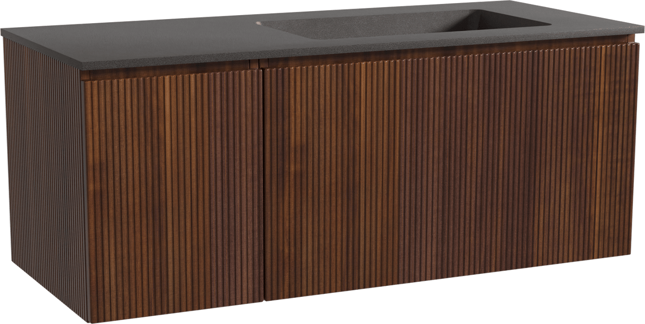 Storke Ribs zwevend badmeubel 120 x 52 cm notenhout met Scuro asymmetrisch rechtse wastafel in kwarts mat zwart, Verticale symmetrische rechte ribbel