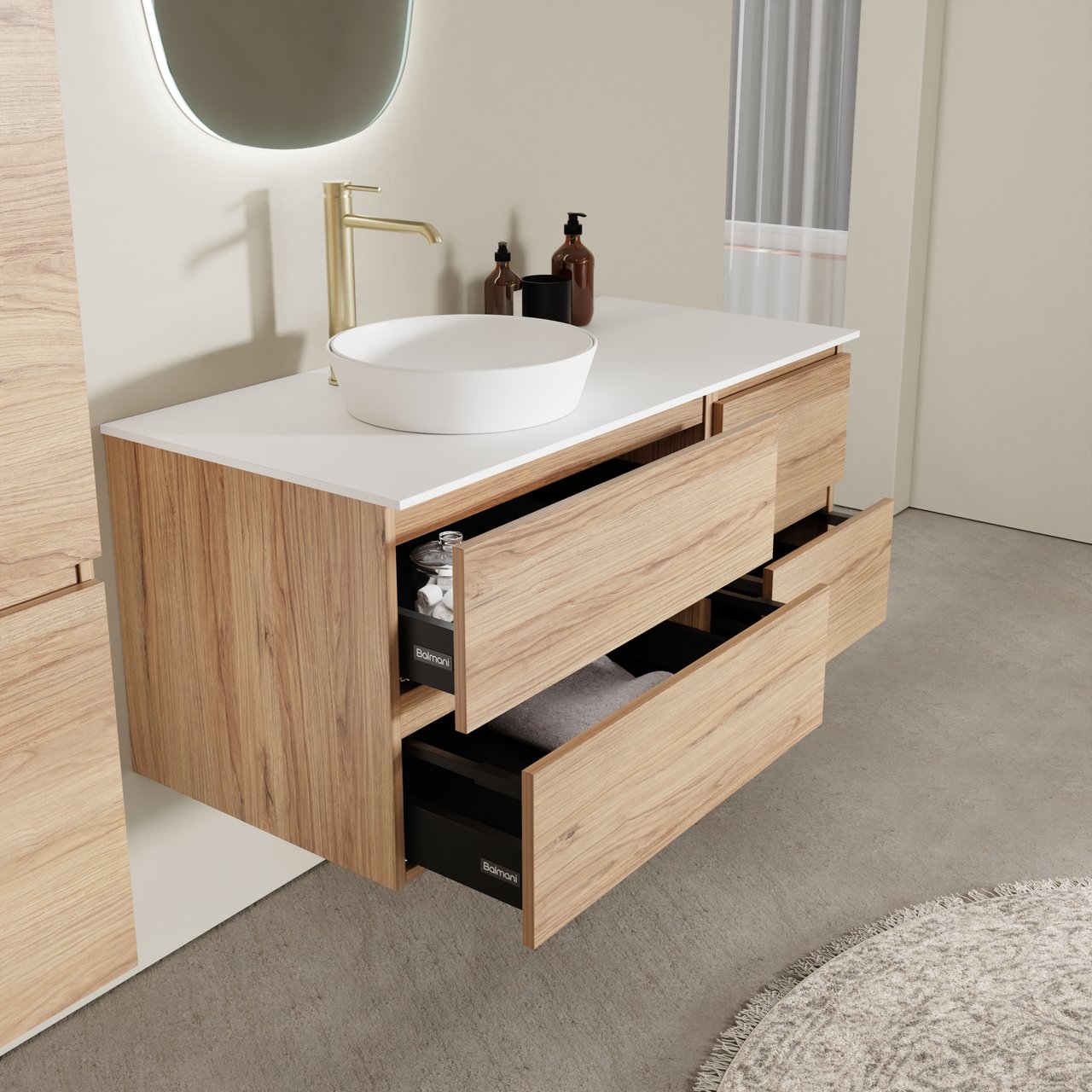 Balmani Lucida meuble salle de bains suspendu 120 x 55 cm teck avec Stretto tablette simple ou double en solid surface blanc mat