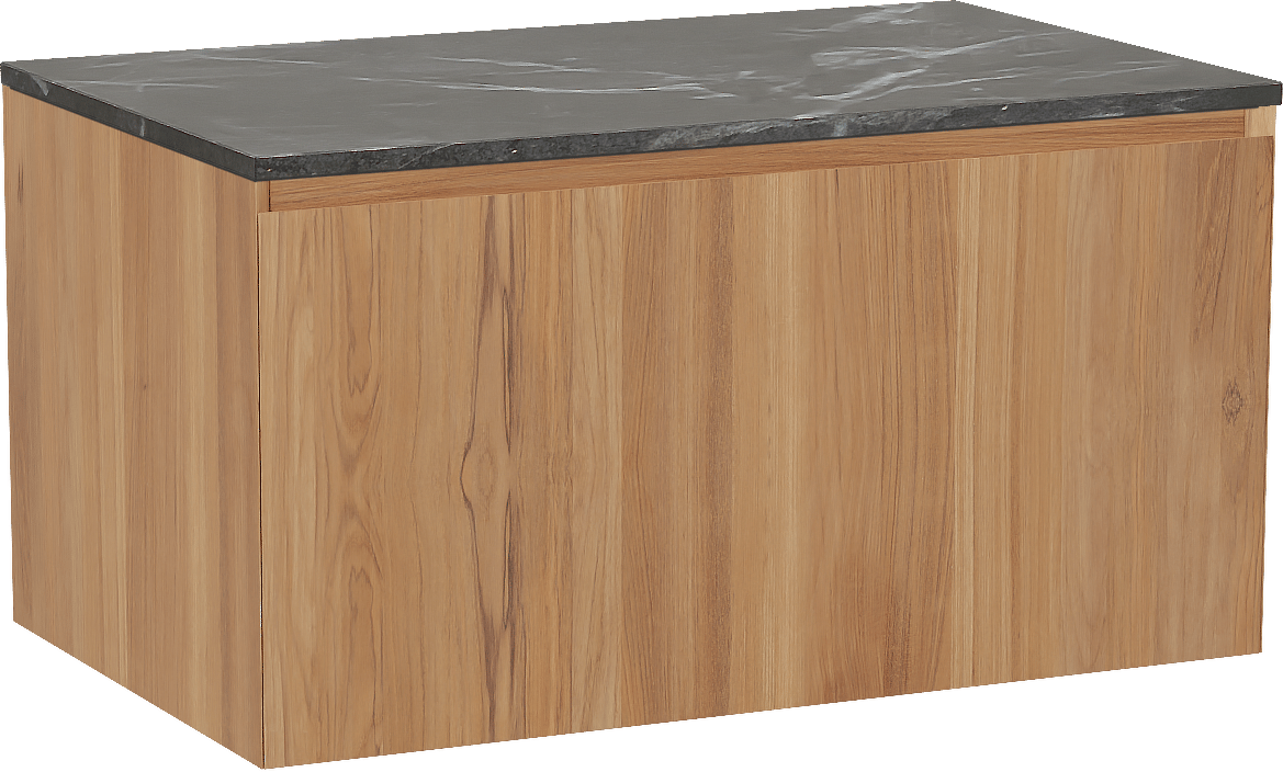 Balmani Idra by Mitra hängendes Möbelstück Set: 90 x 55 cm, Teak, mit Stretto Einzel Waschtischplatte, Marmor Pietra Grey