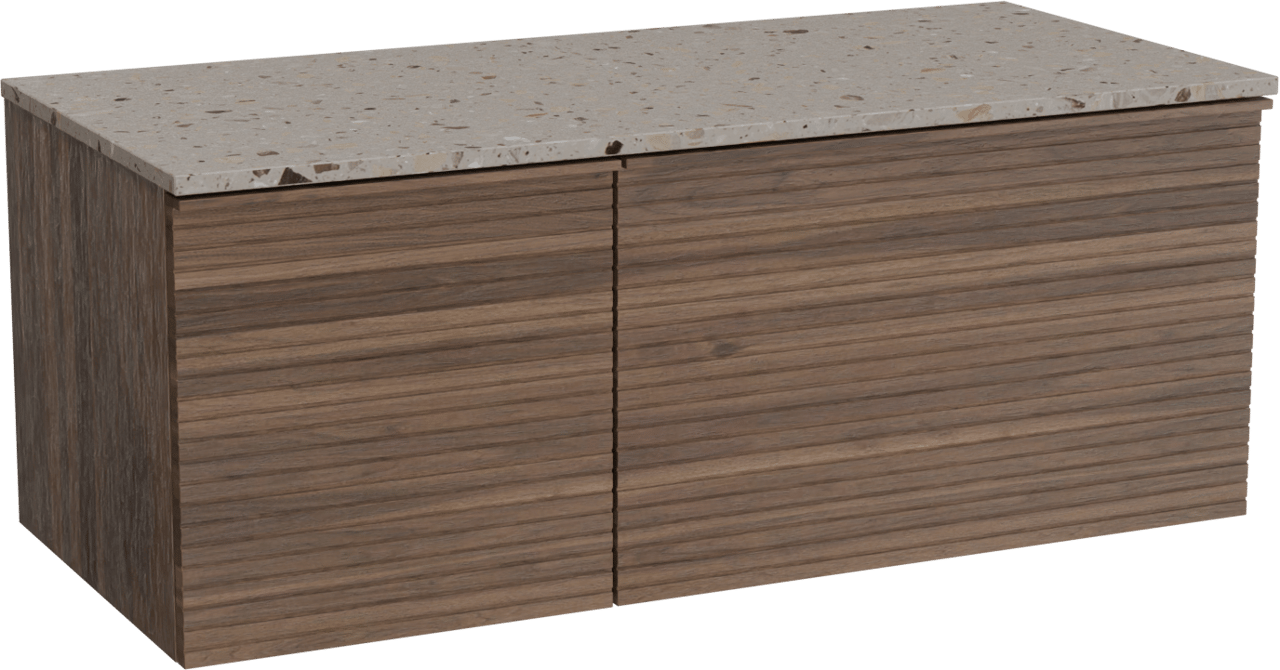 Balmani Forma zwevend badkamermeubel 120 x 55 cm amerikaanse notelaar met Stretto enkel of dubbel tablet in terrazzo greige terrazzo, Horizontale symmetrische rechte ribbel