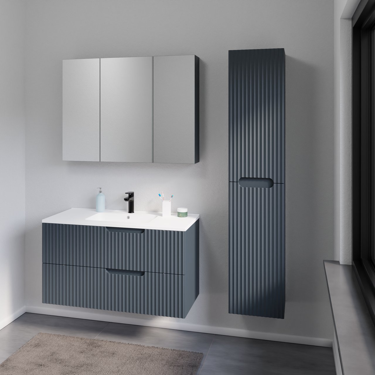 Linie Montro Spiegelschrank Bad: 120 x 75 cm, Blau Anthrazit