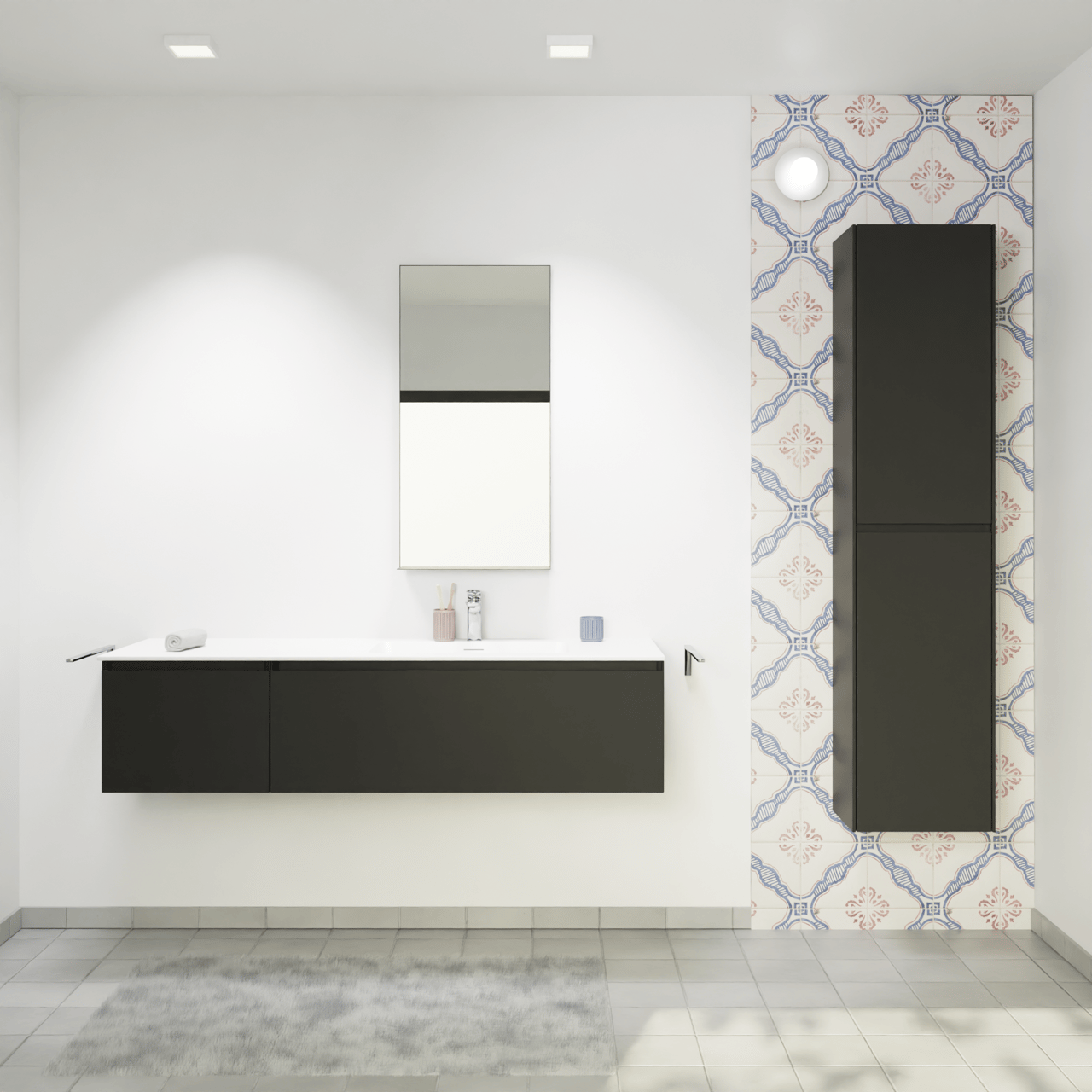 Storke Edge zwevend badkamermeubel 150 x 52 cm mat zwart met Mata asymmetrisch rechtse wastafel in solid surface mat wit