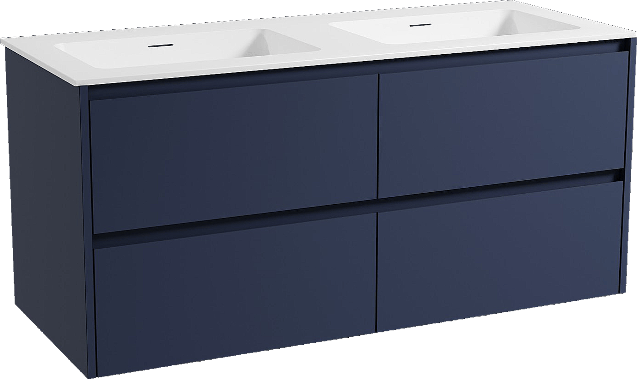 Storke Seda meuble salle de bains suspendu 130 x 52 cm bleu nuit avec Mata double vasque en solid surface blanc mat