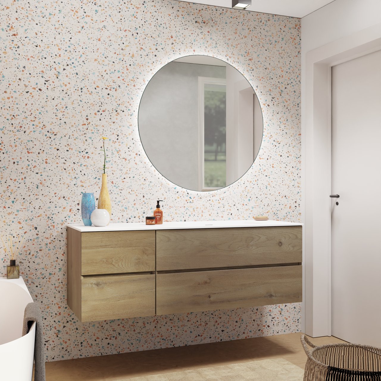 Storke Edge zwevend badmeubel 150 x 52 cm ruw eiken met Mata asymmetrisch rechtse wastafel in solid surface mat wit