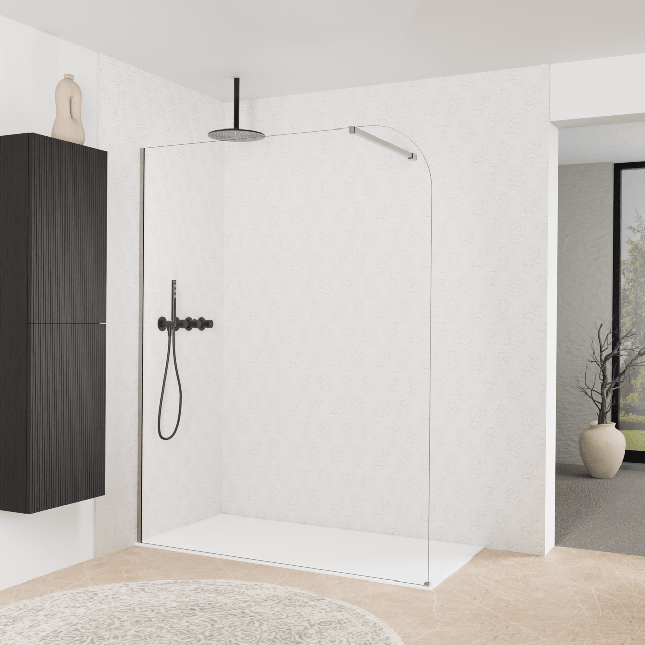 Balmani Modular douche à l'italienne: 160 x 200 cm, Verre transparent arrondi, avec coating, Profil Brushed Inox