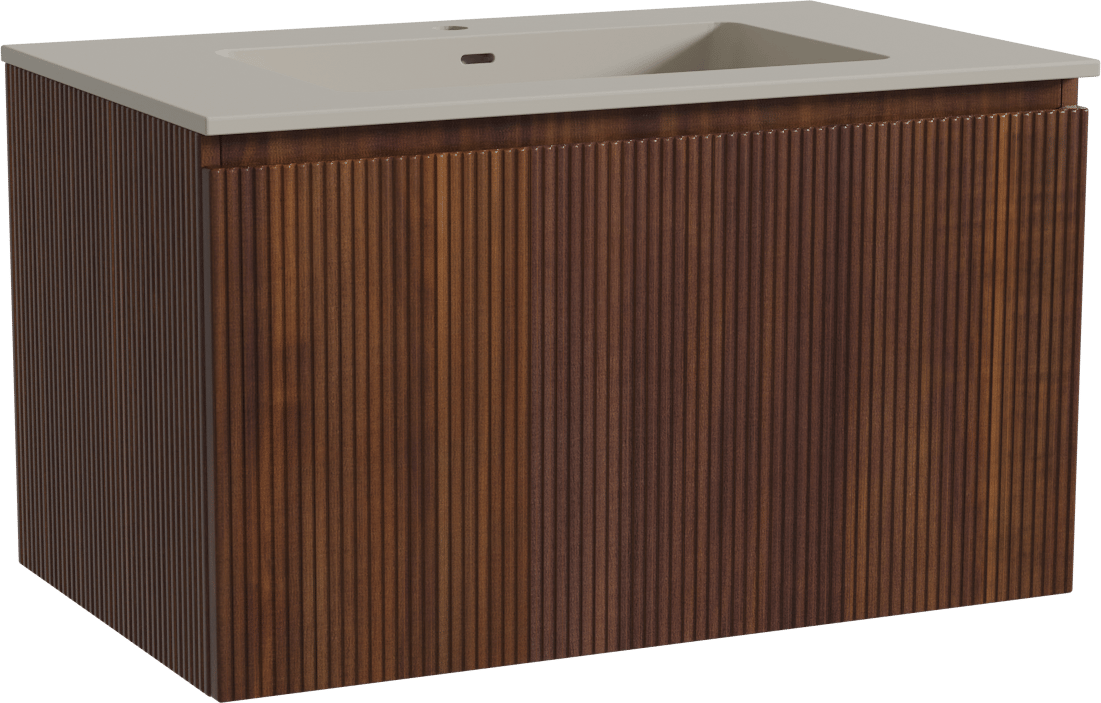 Storke Ribs zwevend badmeubel 85 x 52 cm notenhout met Diva enkele wastafel in top solid zijdegrijs, Verticale symmetrische rechte ribbel