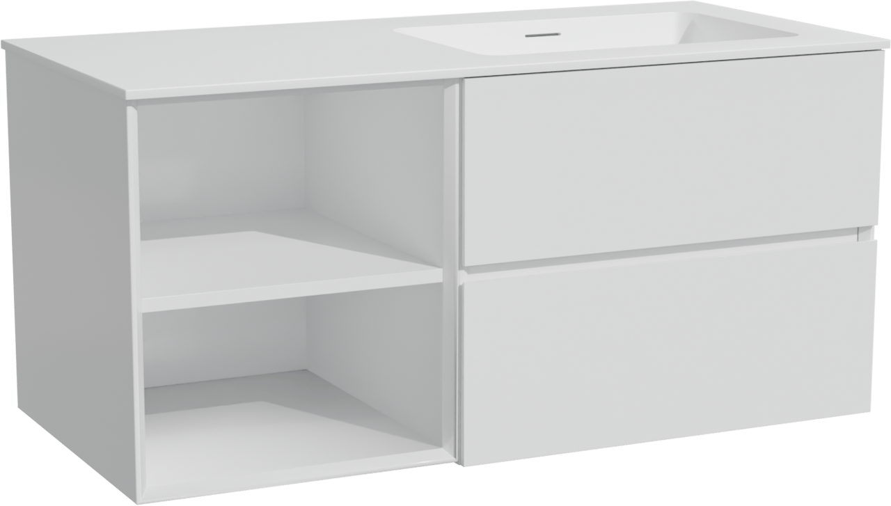 Storke Edge zwevend badmeubel 110 x 52 cm mat wit met Mata asymmetrisch rechtse wastafel in solid surface mat wit