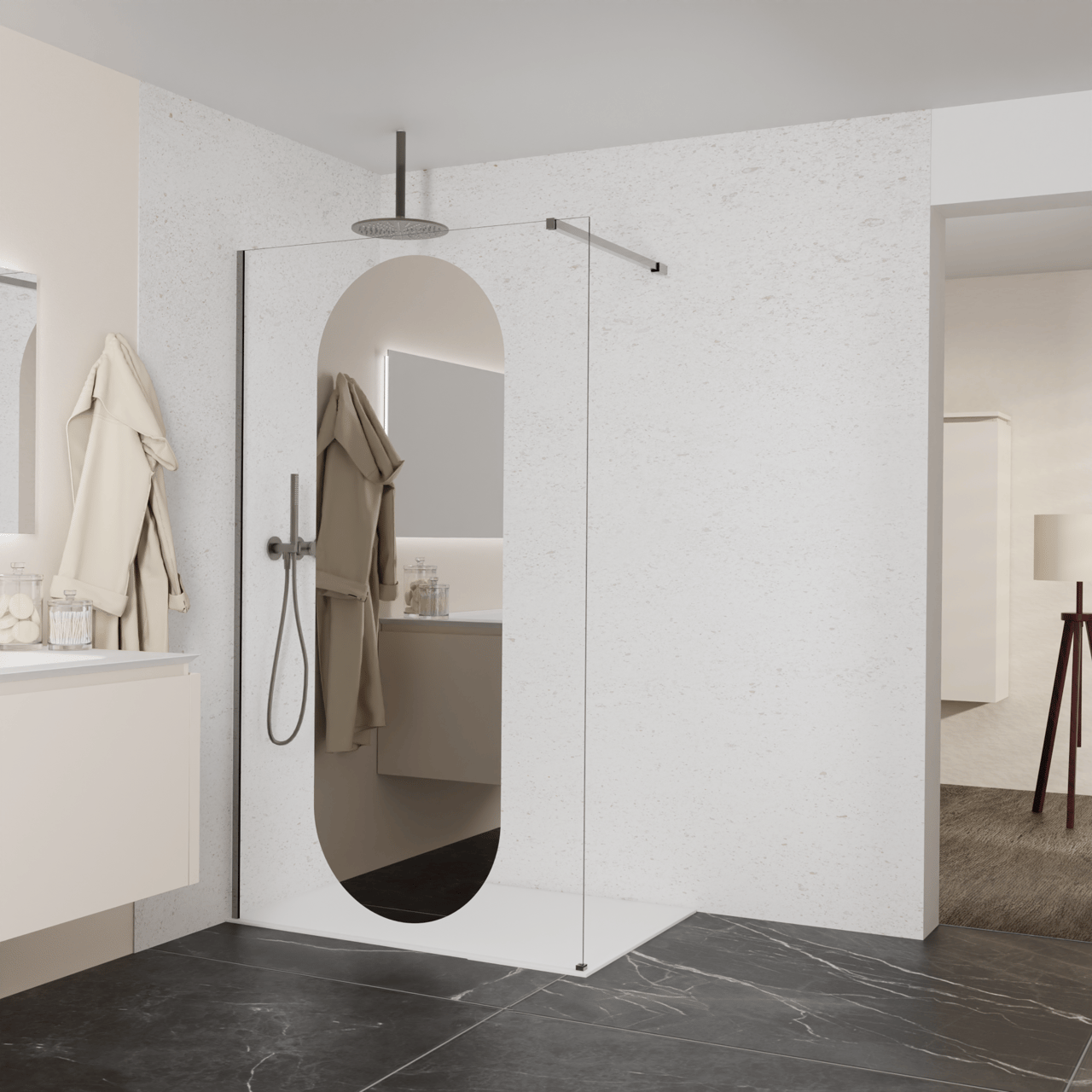 Balmani Modular douche à l'italienne: 120 x 200 cm, Miroir reflex ovale, Profil Brushed GunMetal