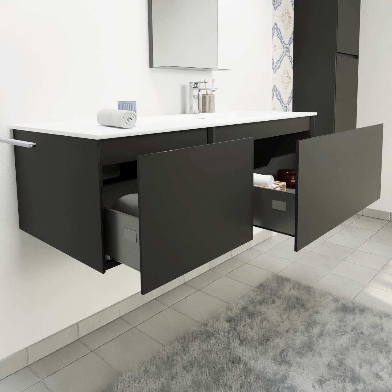 Storke Edge meuble salle de bains suspendu 120 x 52 cm noir mat avec Mata plan vasque asymétrique à droite en solid surface blanc mat