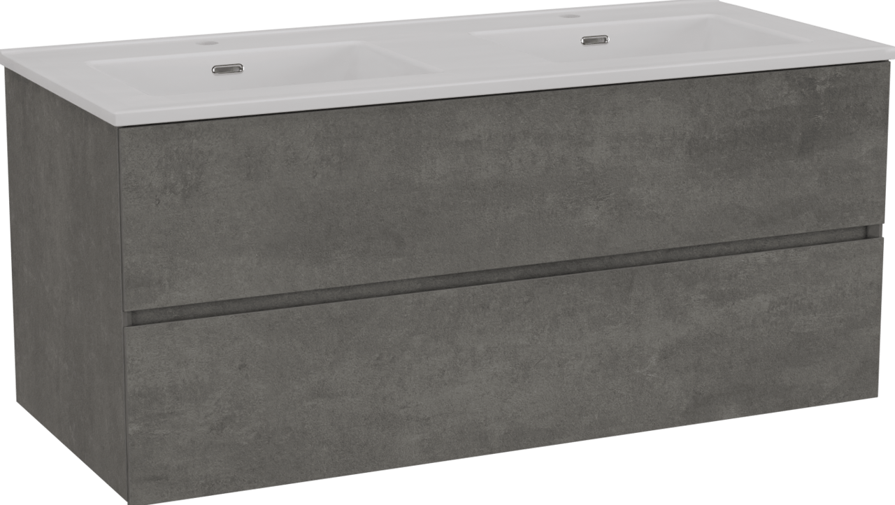 Storke Edge zwevend badmeubel 120 x 52 cm beton donkergrijs met Kera dubbele wastafel in porselein hoogglans wit, afvoerpluggen inbegrepen