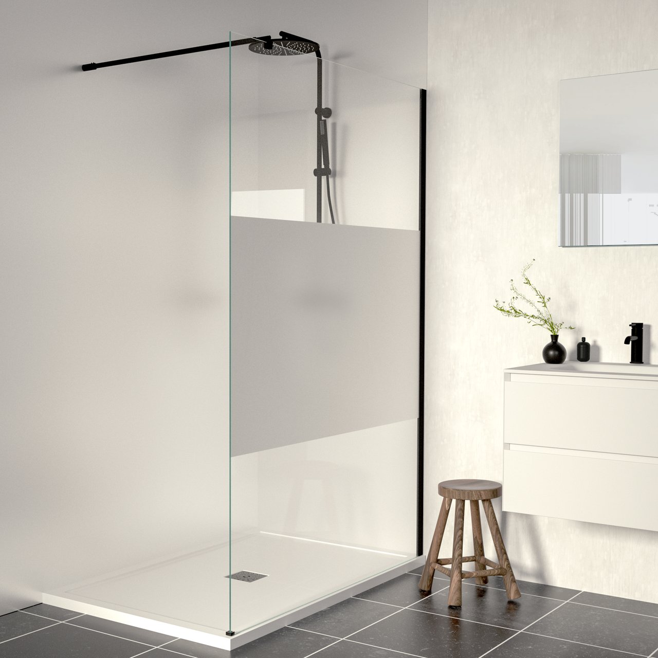 Linie Walk-In inloopdouche 120 x 200 cm helder glas met matte strook mat zwart profiel
