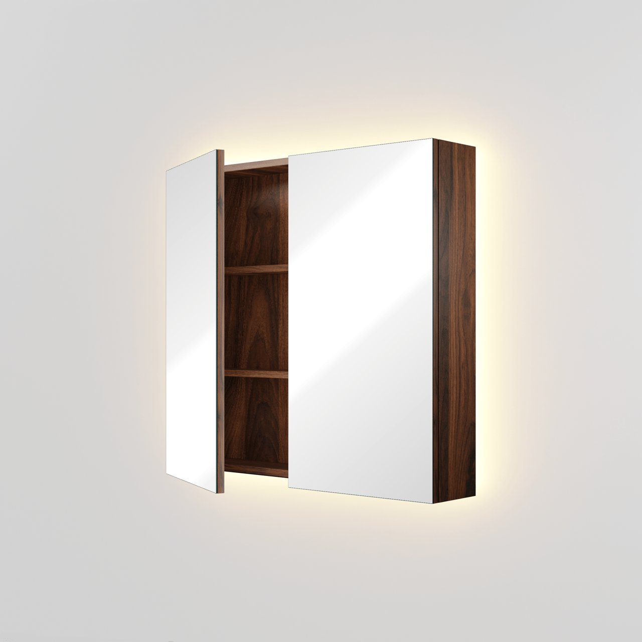 Linie Montro Spiegelschrank Bad, 80 x 75 cm, Nussbaum, mit Spiegelbeleuchtung