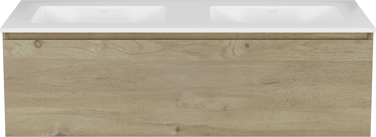 Storke Edge meuble salle de bains suspendu 120 x 52 cm chêne brut avec Bilia double vasque en marbre composite blanc brillant