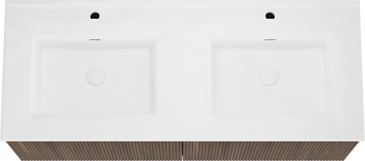 Storke Ribs meuble salle de bains suspendu 130 x 52 cm noyer avec Kera double vasque en porcelaine blanc brillant, Nervure droite symétrique verticale, bondes incluses