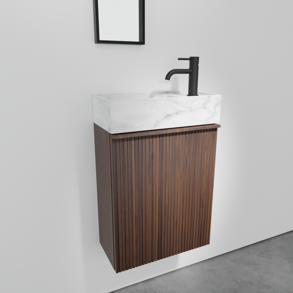 Balmani Forma meuble wc suspendu 42 x 21 cm noyer américain avec Dama lavabo en marbre Carrara