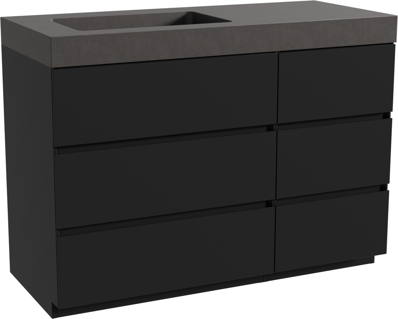 Storke Edge staand badkamermeubel 120 x 52 cm mat zwart met Scuro High asymmetrisch linkse wastafel in kwarts mat zwart