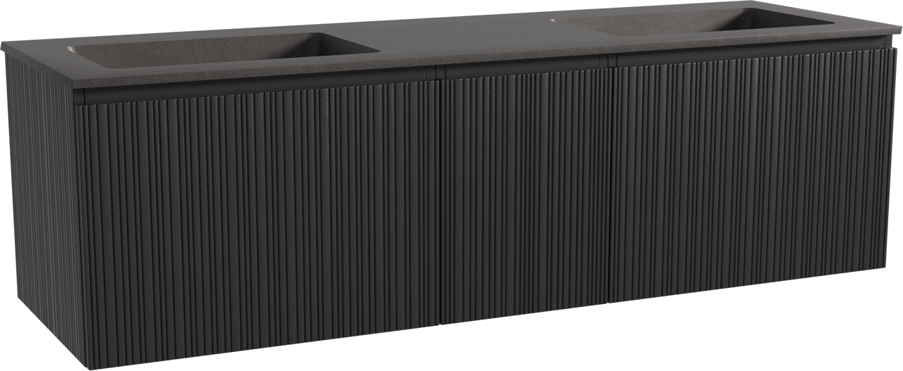 Storke Ribs zwevend badkamermeubel 165 x 52 cm zwarte eik met Scuro dubbele wastafel in kwarts mat zwart, Verticale asymmetrische rechte ribbel