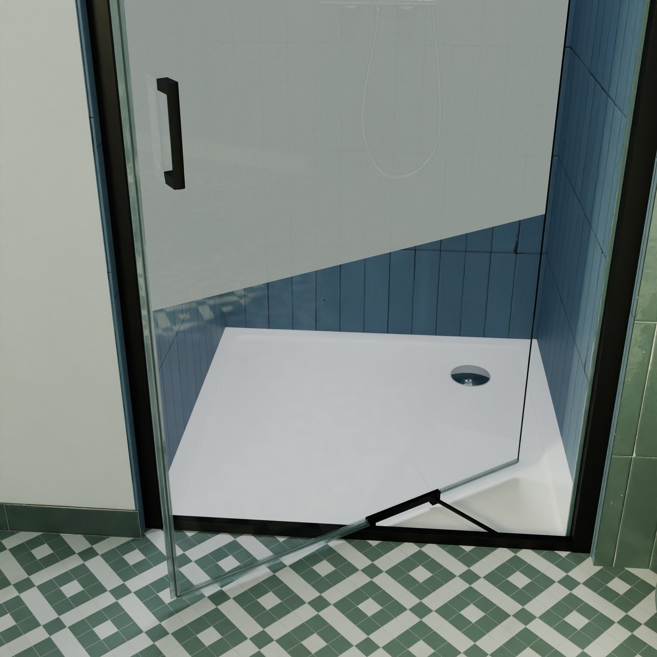 Luca Varess Vidor In Eckdusche: Drehtür und fixierte, Seitenwand, 90 x 80 cm, Klarglas mit mattiertem Streifen, mattschwarzes Profil
