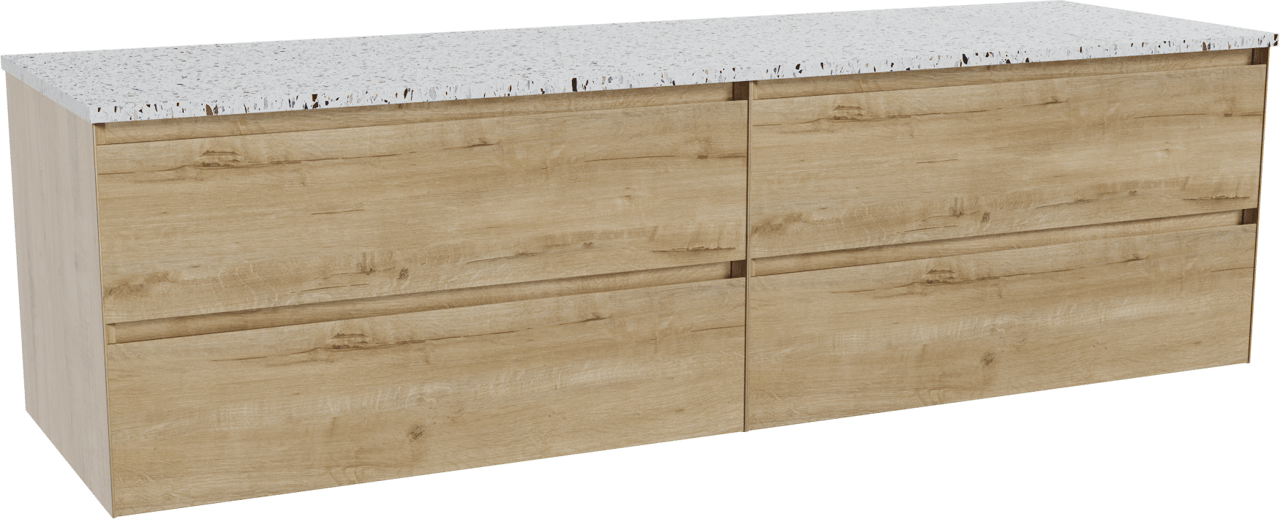 Balmani Mitra meuble salle de bains suspendu 180 x 55 cm chêne brut avec Stretto tablette simple ou double en blanc/noir mat terrazzo