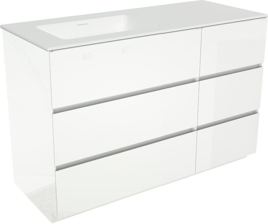 Storke Edge freistehendes Möbelstück Set: 130 x 52 cm, Weiß glänzend, mit Mata Waschtisch links, Solid Surface Weiß matt