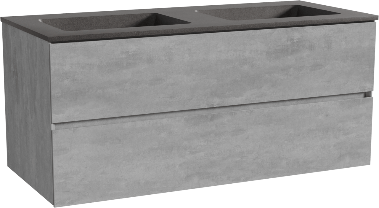 Storke Edge zwevend badkamermeubel 120 x 52 cm beton donkergrijs met Scuro dubbele wastafel in kwarts mat zwart