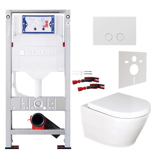 Luca Varess Calibro wc suspendu blanc satin bride de rinçage fine avec Geberit Sigma réservoir de chasse encastré UP320 avec cadre Burda et plaque de commande