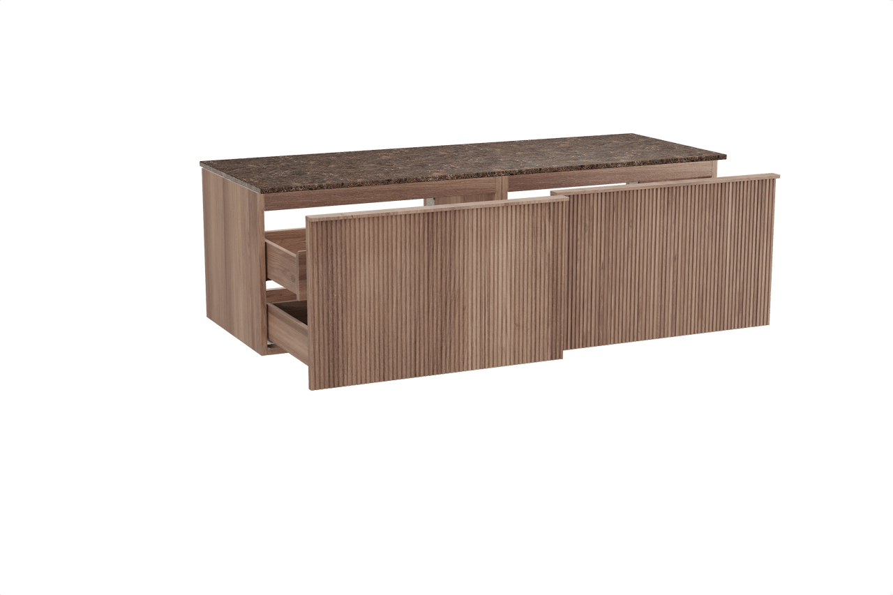 Balmani Forma zwevend badmeubel 150 x 55 cm teakhout met Stretto enkel of dubbel wastafelblad in marmer dark emperador, Verticale symmetrische rechte ribbel