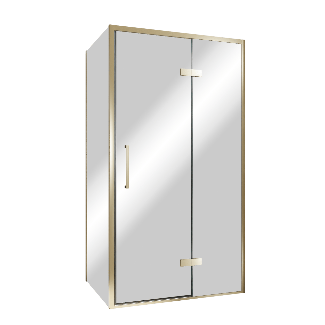 Balmani Senses Design douche en coin avec porte pivotante à droite et paroi latérale fixe, 100 x 100 cm, Miroir Reflex, Profil Brushed Champagne Gold, coating inclus