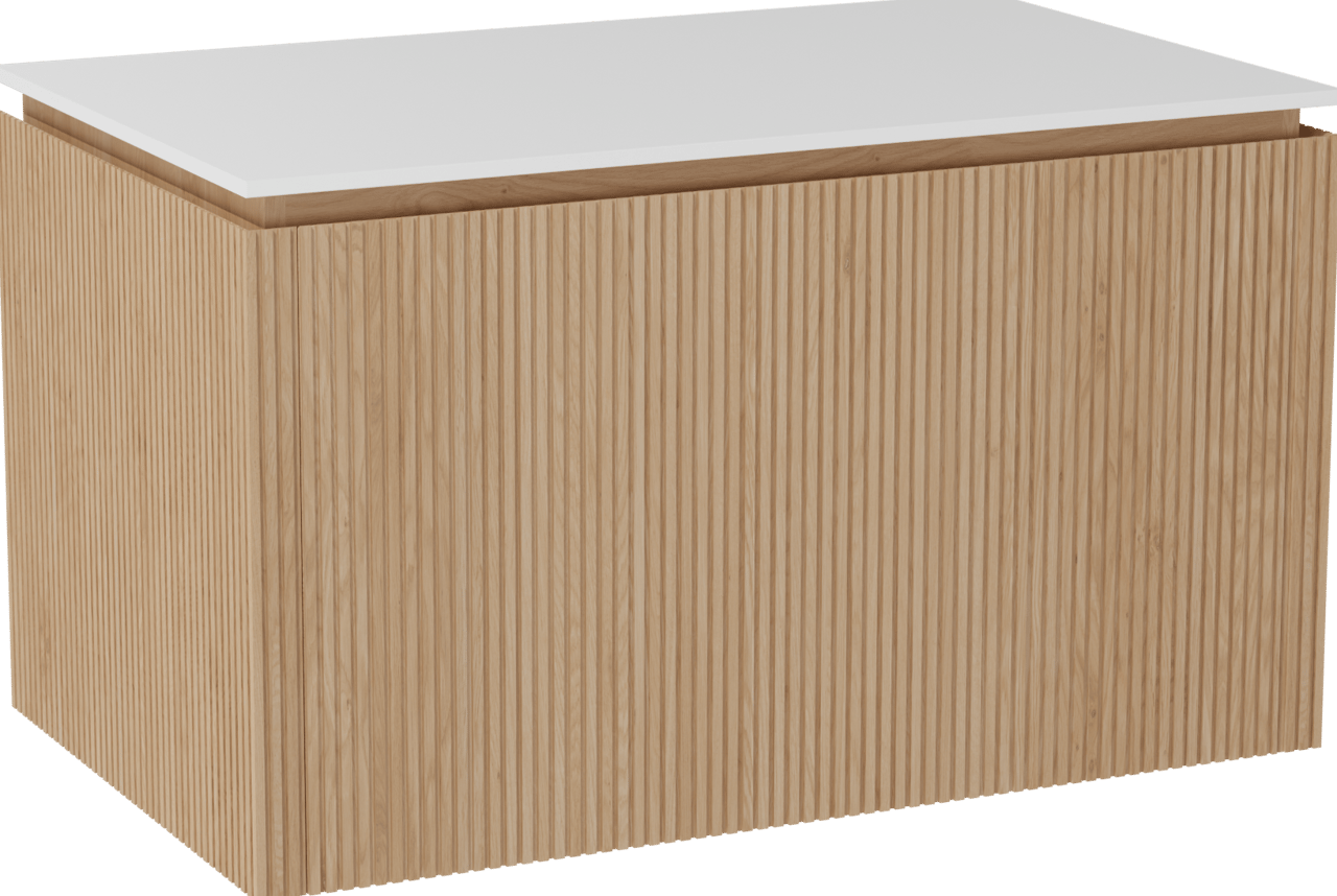 Balmani Eclips meuble salle de bains suspendu 90 x 55 cm Chêne naturelle avec Stretto tablette simple en Solid Surface blanc mat, Nervure droite symétrique verticale