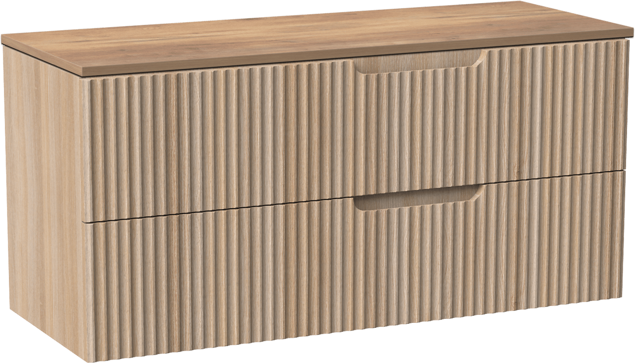 Linie Ribbo zwevend badkamermeubel 120 x 46 cm lichte eik met Lado enkel of dubbel tablet in melamine natuur eik, Verticale symmetrische ronde ribbel