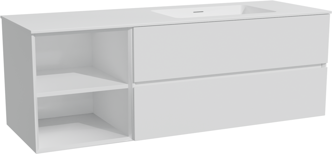Storke Edge zwevend badkamermeubel 150 x 52 cm glanzend wit met Mata asymmetrisch rechtse wastafel in solid surface mat wit