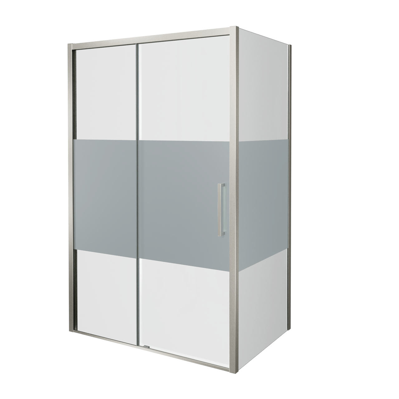 Balmani Senses Design Eckdusche: Schiebetür (Links) mit fixierte Seitenwand, 120 x 90 cm, Klarglas mit mattiertem Streifen, Profil Brushed CoolMetal