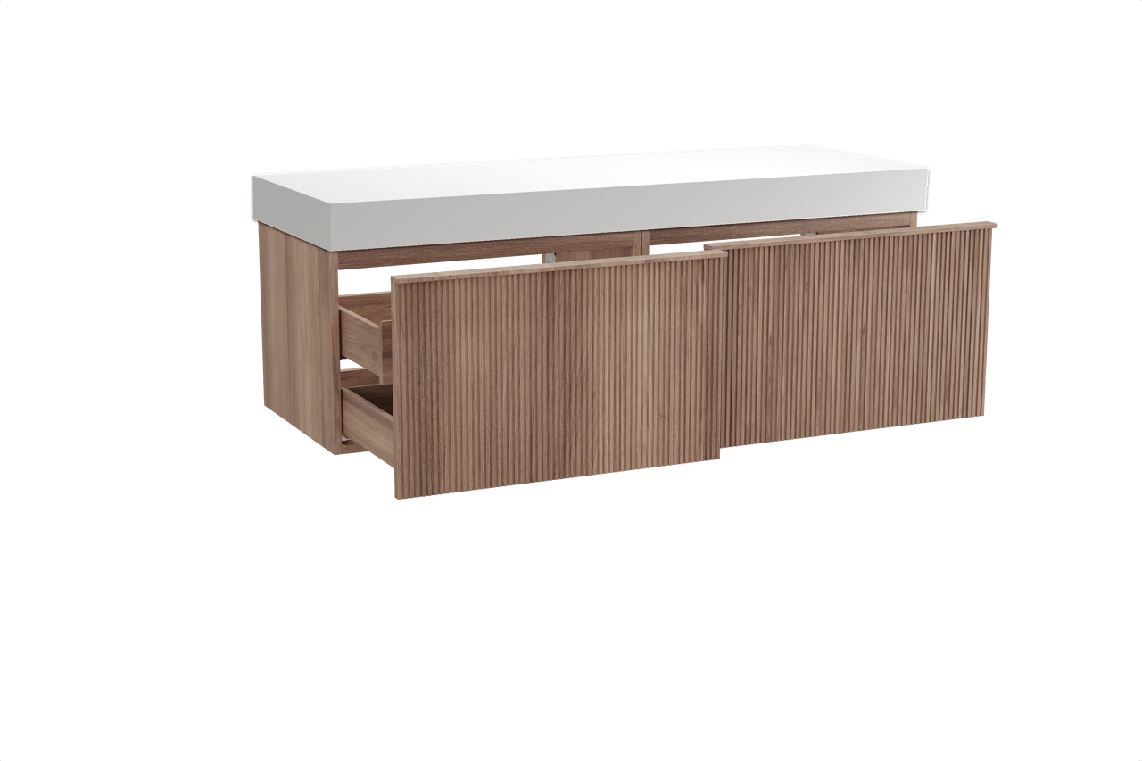 Balmani Forma zwevend badkamermeubel 150 x 55 cm teak met Dominus enkel of dubbel tablet in solid surface mat wit, Verticale symmetrische rechte ribbel