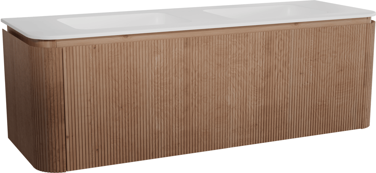 Balmani Moon zwevend badkamermeubel 160 x 55 cm natuur eik met Moon dubbele wastafel in solid surface mat wit, Verticale symmetrische rechte ribbel