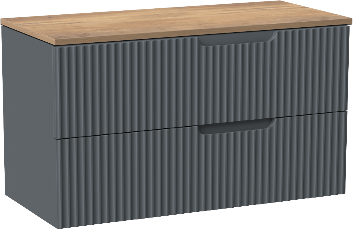 Linie Ribbo zwevend badmeubel 100 x 46 cm blauw antraciet met Lado enkel of dubbel wastafelblad in melamine naturel eiken, Verticale symmetrische ronde ribbel