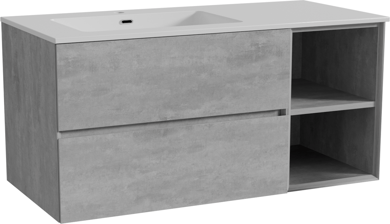 Storke Edge zwevend badkamermeubel 110 x 52 cm beton donkergrijs met Diva asymmetrisch linkse wastafel in composietmarmer glanzend wit