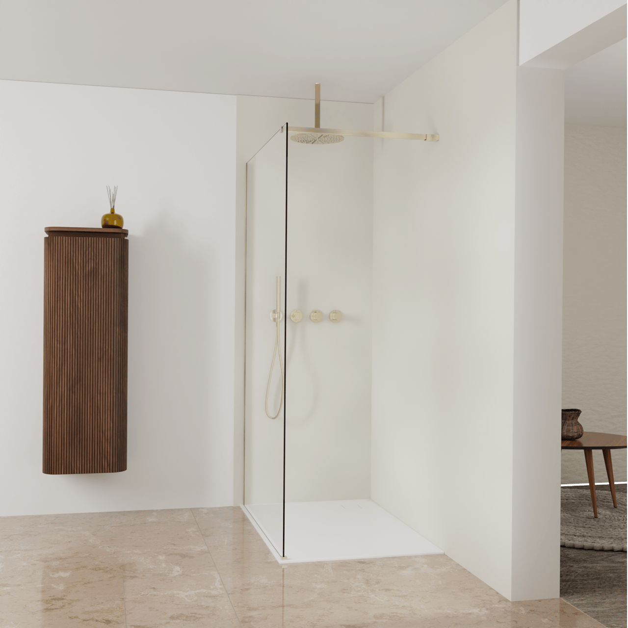 Balmani Modular Walk-In Dusche: 120 x 200 cm, Klarglas, inklusive Coating, Profil Brushed Champagne Gold