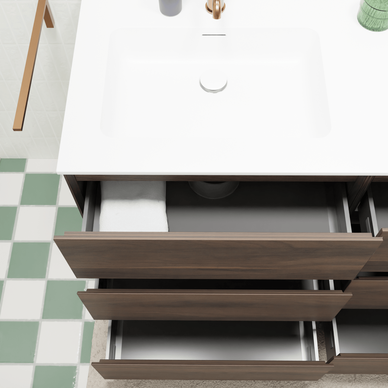 Storke Edge meuble salle de bains à poser 130 x 52 cm noyer avec Mata plan vasque asymétrique à gauche en solid surface blanc mat