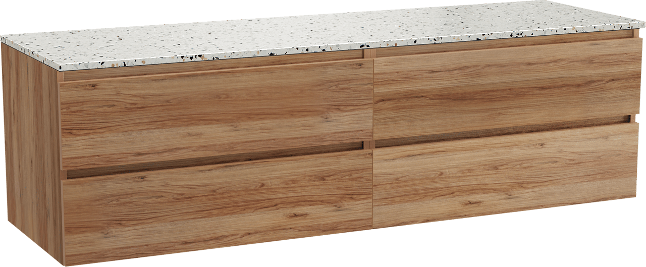 Balmani Lucida meuble salle de bains suspendu 180 x 55 cm teck avec Stretto tablette simple ou double en blanc/noir mat terrazzo