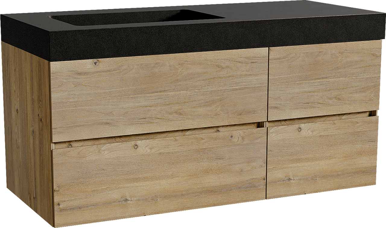 Storke Edge zwevend badmeubel 120 x 52 cm ruw eiken met Scuro High asymmetrisch linkse wastafel in kwarts mat zwart