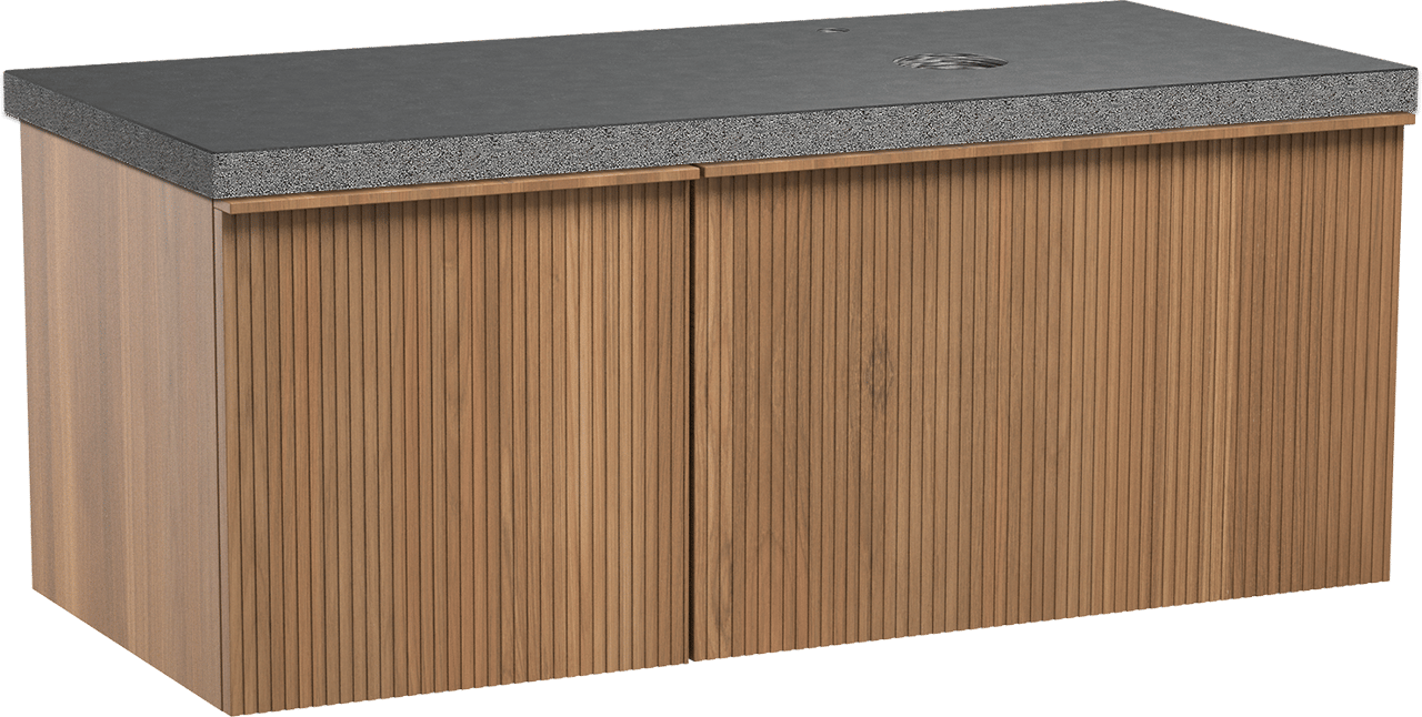 Balmani Forma zwevend badmeubel 120 x 55 cm teakhout met Rock asymmetrisch rechtse wastafel in zwart graniet, Verticale symmetrische rechte ribbel