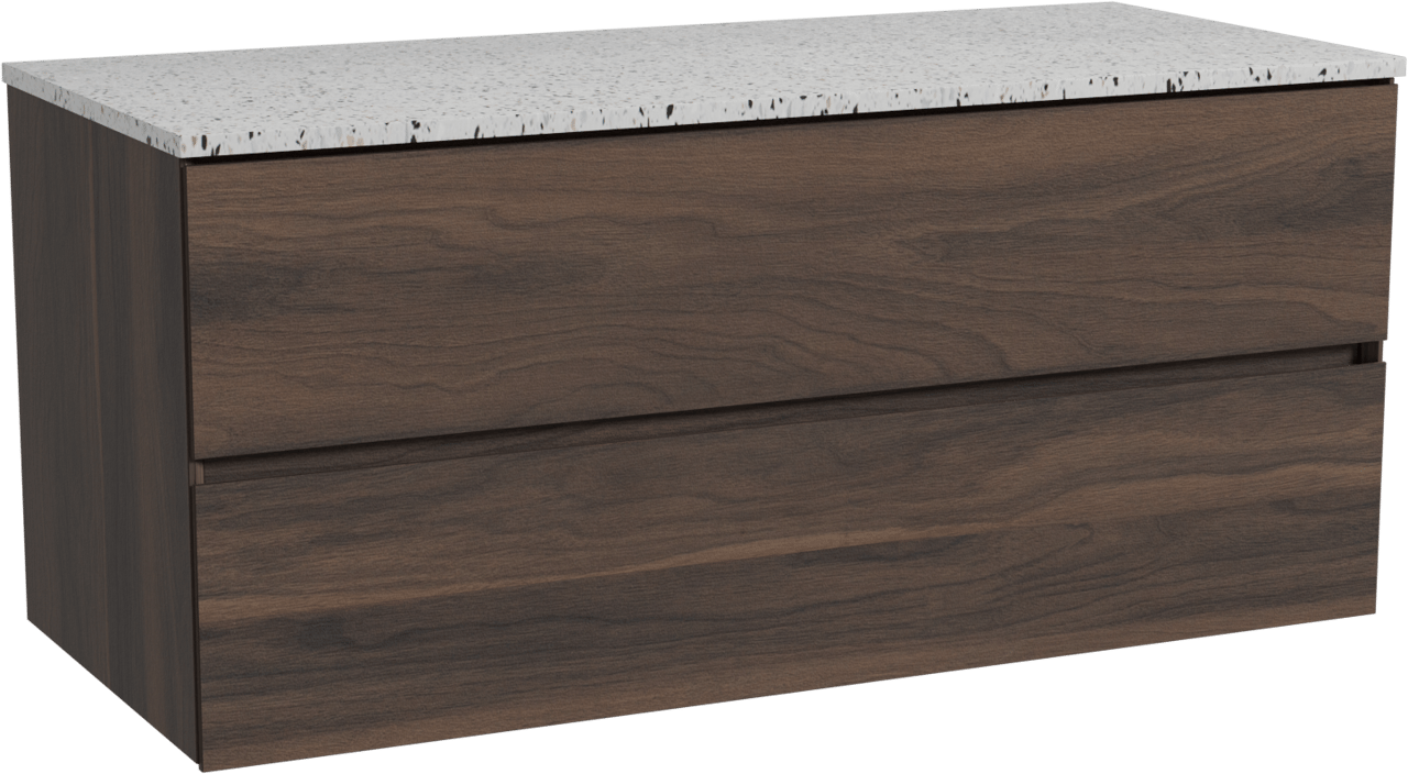 Storke Edge zwevend badmeubel 120 x 52 cm notenhout met Tavola enkel of dubbel wastafelblad in mat wit/zwart terrazzo