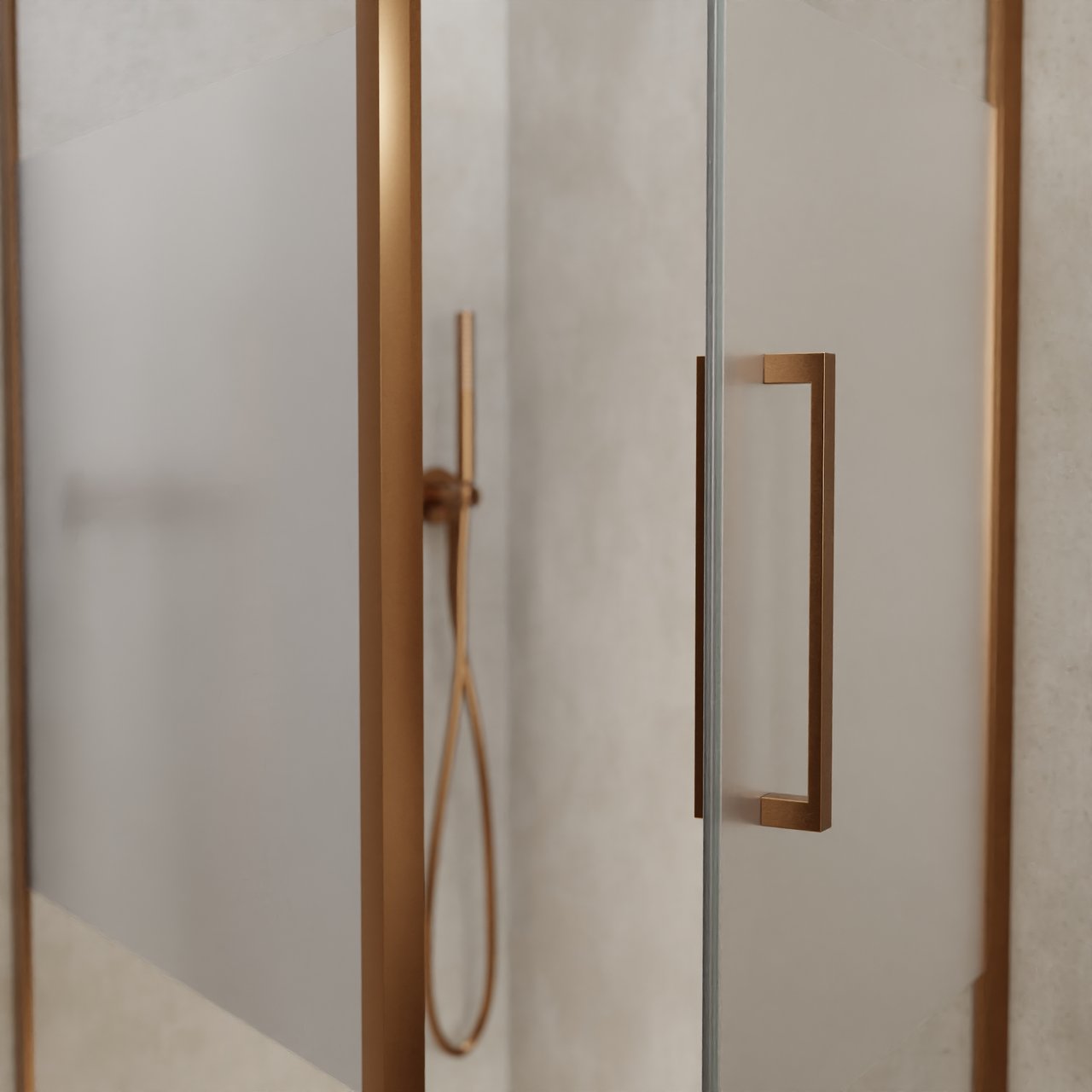 Balmani Senses Design douchehoek met rechtse draaideur en vaste zijwand, 90 x 90 cm, Helder glas met matte strook, Brushed Rosegold profielen