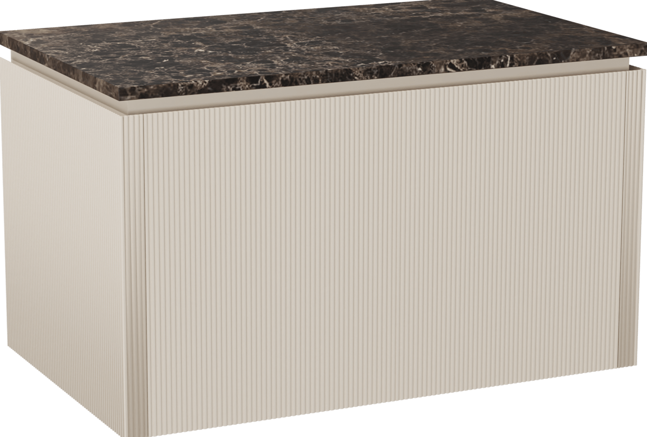 Balmani Eclips meuble salle de bains suspendu 90 x 55 cm Sandbeige avec Stretto tablette simple en Dark Emperador marbre, Nervure droite symétrique verticale